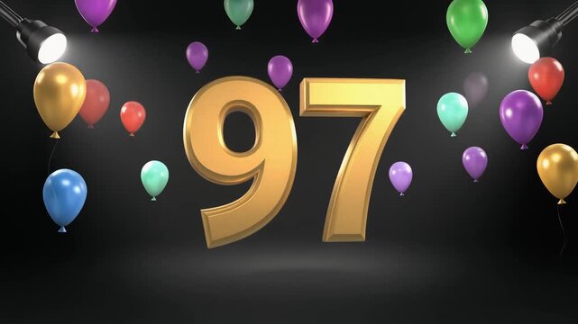 Number 97 in the spotlights with balloons in the background. Festive scene for birthday or anniversary party