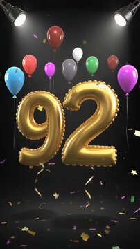 Number 92 in the spotlights with balloons in the background. Festive scene for birthday or anniversary party