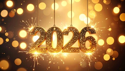 2026 New Year Celebration with Hanging Golden Numbers, Sparklers and Bokeh Lights