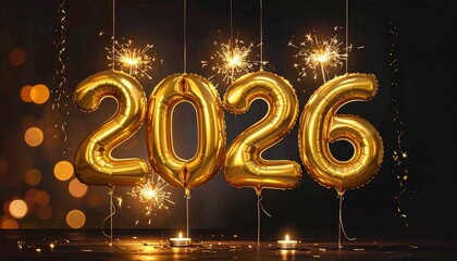 2026 New Year Celebration with Golden Balloon Numbers and Sparkling Lights