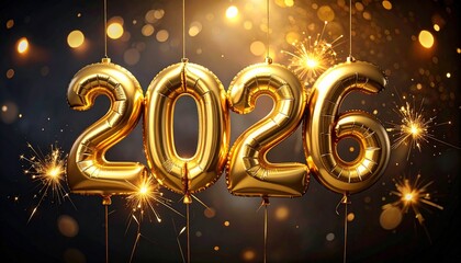 2026 New Year Celebration with Golden Balloon Numbers and Sparkling Lights