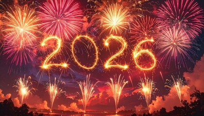 2026 New Year Fireworks Celebration with Glowing Sparkler Numbers in Red Night Sky