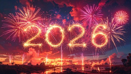 2026 New Year Fireworks Celebration with Glowing Sparkler Numbers in Red Night Sky