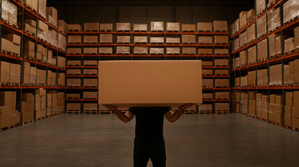 Person holding large cardboard box in warehouse storage, surrounded by shelves and packages