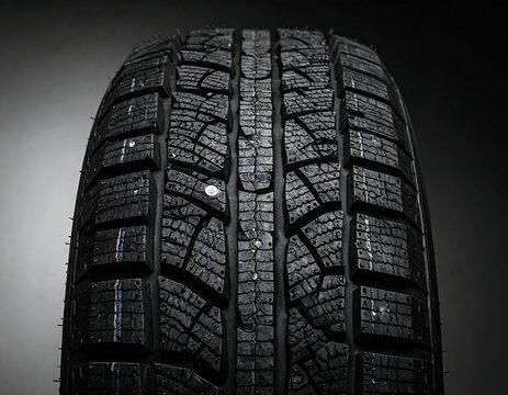 Close-up of a studded tire showcasing tread pattern and metal studs