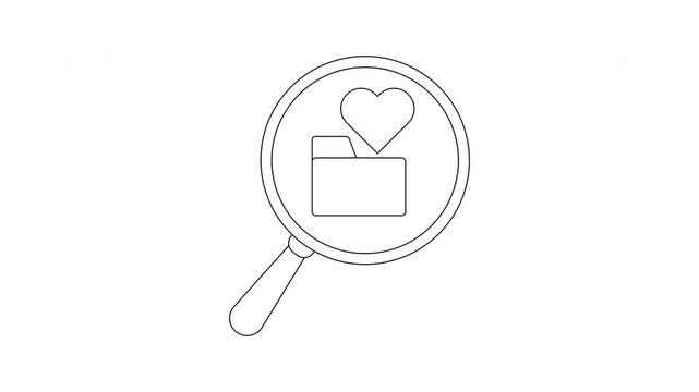 Line art shows a magnifying glass focused on a folder with a heart above it