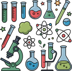 Science laboratory icons with microscope, test tubes, beakers and atoms, chemistry and physics elements, education and research concept, vector graphics