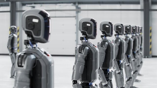 3D Animation: Moving Along the Row of Autonomous AI-Powered Humanoid Robots. A Batch of General Purpose Industrial Robots Standing in a Hangar. AI-Driven Industrial Automation Concept.