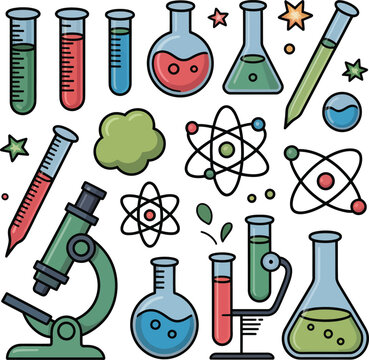 Science laboratory icons with microscope, test tubes, beakers and atoms, chemistry and physics elements, education and research concept, vector graphics