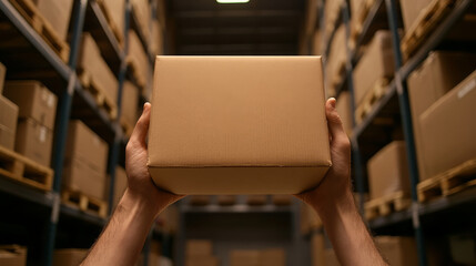 Person holding cardboard box in warehouse storage, delivery logistics, shipping concept