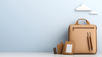 Travel bag, passport holder, luggage tag, and pen on white table with blue wall and cloud decor