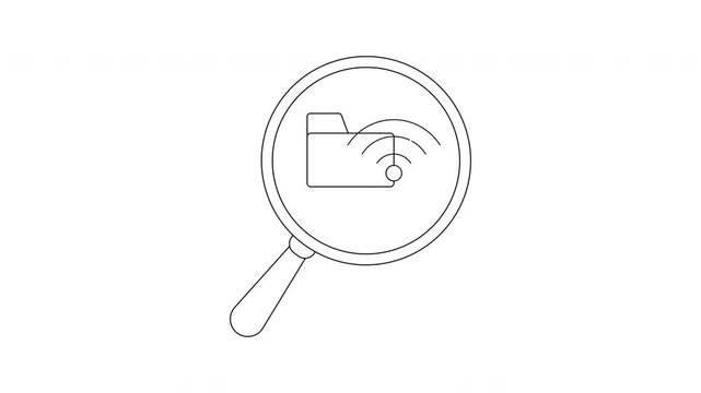 Magnifying glass focuses on folder with a wireless signal Black and white sketch
