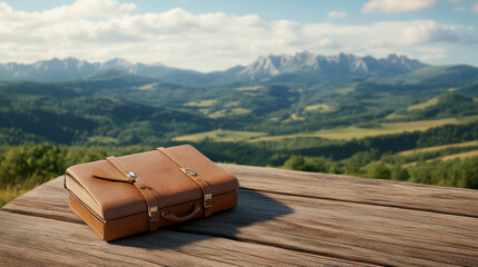 Leather suitcase wooden table mountain landscape travel outdoor summer adventure scenic
