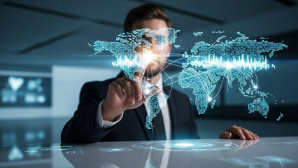 A businessman in a suit uses his finger to touch a digital world map on a virtual screen interface, representing future global communication and internet technology success