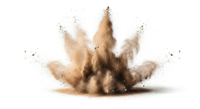Brown powder explosion on white background with dynamic burst