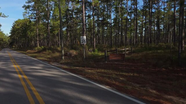 Paved road below pine forest at entrance sign for Blackwater River State Park, Florida, 25 miles per hour speed limit sign