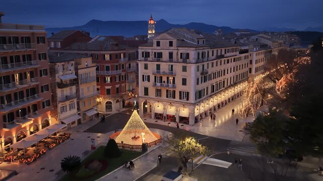 Aerial Night View of Festive Corfu Old Town Liston Square with Christmas Lights and Historic Venetian Architecture in Greece