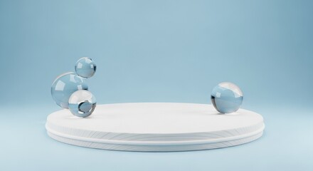Elegant glass spheres on white circular platform with blue background