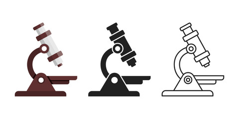 Obraz premium Microscope icon set collection in flat style. Laboratory analysis vector illustration on isolated background. Biological research sign business concept.