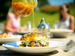 A homemade signature sauce drizzles over a juicy burger at a lively backyard cookout in a beautiful garden setting.