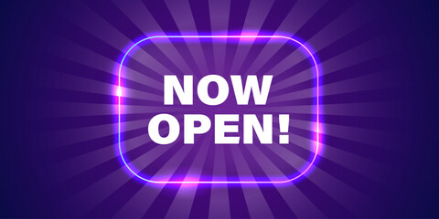 Neon now open sign icon in flat style. Signboard vector illustration on isolated background. Welcome banner sign business concept.