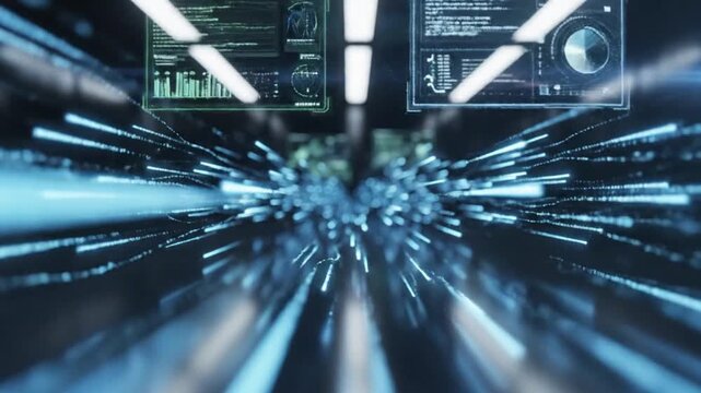 Futuristic digital tunnel with blue streaks and data screens in a dark background, conveying a sense of high-tech motion.