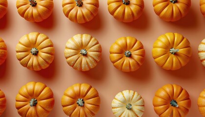 Festive array of autumn pumpkins against a smooth peach backdrop, vibrant harvest season