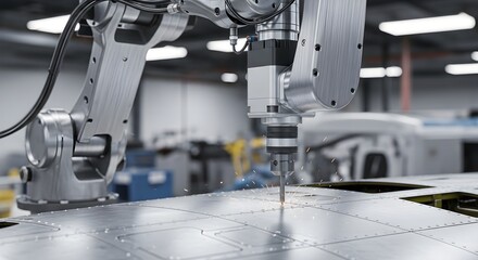 Robot assembling aircraft parts in a factory with precision machinery and overhead lighting