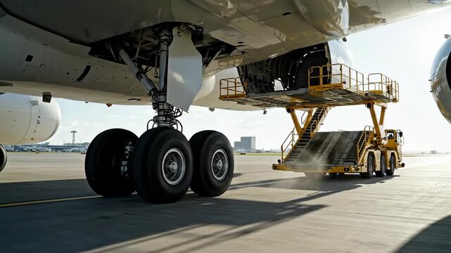 Aircraft landing gear detail with service vehicle on tarmac