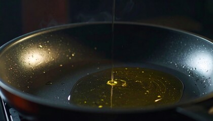 Obraz premium Pouring oil into a frying pan for cooking.