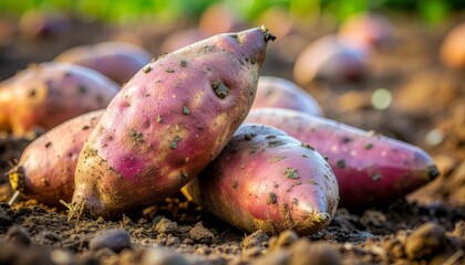 Freshly harvested sweet potatoes on the ground in a field.
