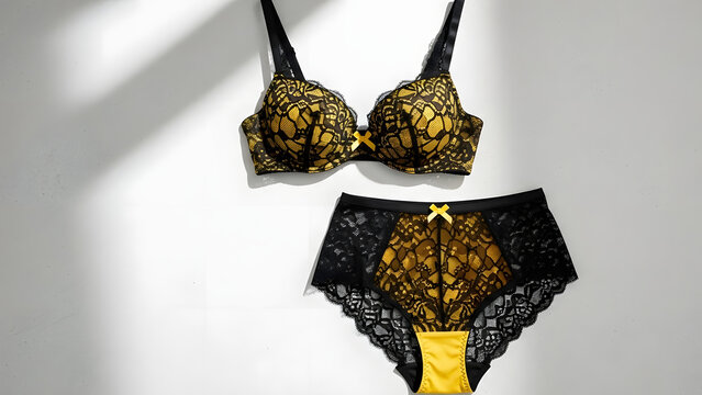 hanging black yellow lace sexy lingeri.flat lay.