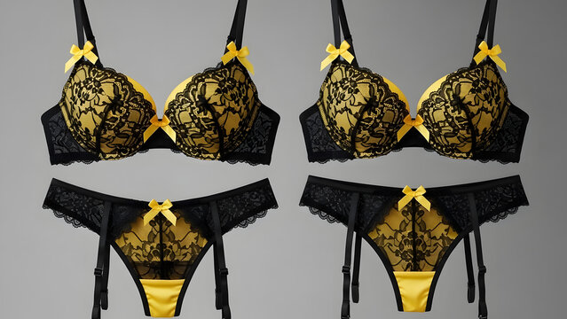 hanging black yellow lace sexy lingeri.flat lay.
