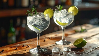Refreshing Gin and Tonic Cocktails with Lime and Ice.