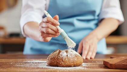 Baker dusting bread with flour for a rustic look.