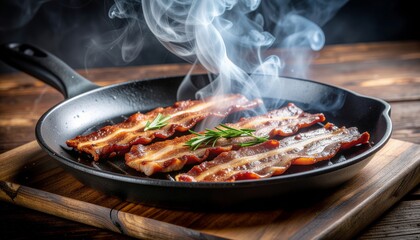 Crispy Bacon Sizzling in a Pan with Rosemary Garnish.
