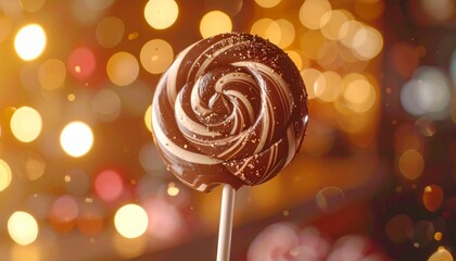 Festive Chocolate Swirl Lollipop Against a Bokeh Background.