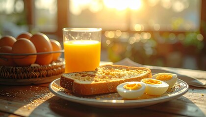 Healthy Breakfast - Eggs, Toast, and Orange Juice in Sunlight.