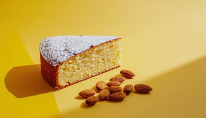 Inviting almond cake slice dusted with powdered sugar on a yellow backdrop