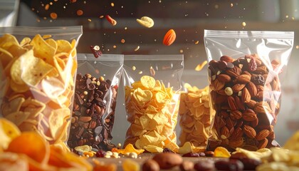 Assortment of Dried Fruits and Nuts in Transparent Packaging.