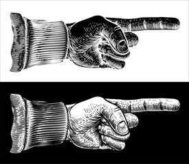 A hand pointing a finger in an etched vintage woodcut style