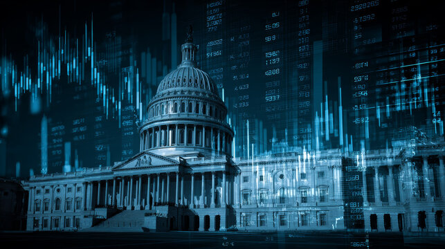 Rendering of the us capitol building with digital financial market overlays, highlighting government architecture and modern data visualization