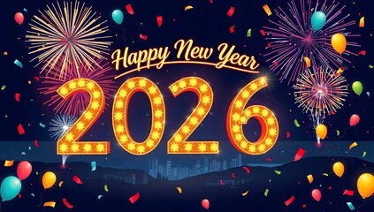 Happy New Year 2026 Greeting Card with Colorful Fireworks and Balloons on Night Background