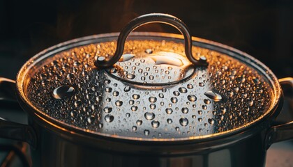 Close-up of a Steaming Pot with Condensation on the Lid.