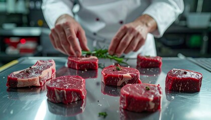 Chef Preparing Raw Meat with Herbs in Kitchen.