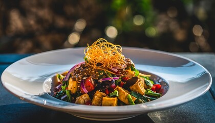 Exotic Salad with Tofu and Crispy Topping on White Plate.