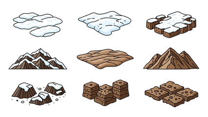Collection of hand-drawn isometric snow, ice, and rock formations for game design.