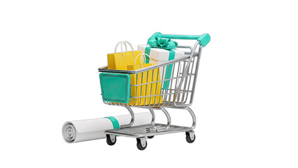 Shopping Cart with Gifts and Paper Roll on White