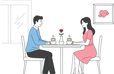 Charming illustration depicting a romantic couple sharing coffee with heart shaped details during a sweet date at a simple cafe setting