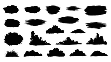 Collection of various black silhouette brush strokes and natural elements like bushes and rocks.